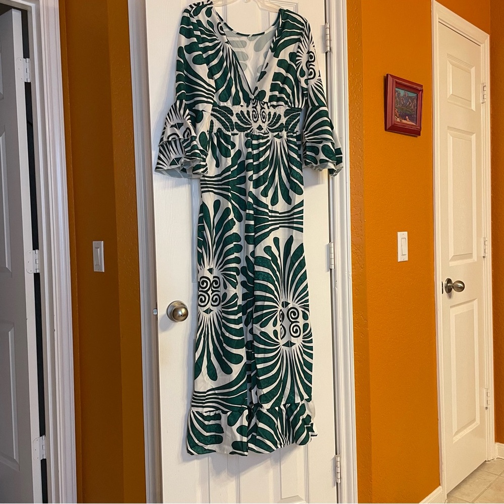 Green and White Patterned pull-on Jumpsuit